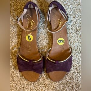 Gorgeous Gaimo hand-made plum suede and gold trim & ankle strapped espadrilles
